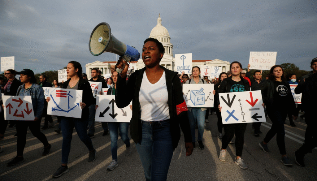  A photojournalistic style image of a determined Black woman leading a diverse group of voting rights activists at a protest rally outside the Florida State Capitol building. Dramatic cinematic lighting casts long, abstract, fragmented shadows that resemble gerrymandered electoral district lines across the faces of the activists and the ground, symbolizing the fight against the dilution of Black voting power. The mood is one of urgent resilience and defiance. The entire canvas is utilized, with no borders. Absolutely no text, words, letters, or logos are present in the image.