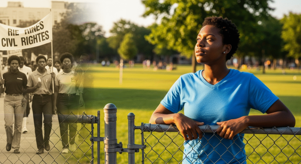A photojournalistic style image capturing a young Black woman or man, aged 16-20, standing thoughtfully at the chain-link fence entrance of a vibrant, sun-drenched public park, looking inwards with a mix of longing and quiet determination. The park within appears inviting with lush green grass and distant activity, but the young person is clearly outside, suggesting exclusion. In the background, subtly integrated and slightly out of focus, a faded, sepia-toned image of historical civil rights activists, including diverse youth, marching with "NAACP" banners from an earlier era, creates a poignant visual echo of past struggles for park access. The lighting is natural and bright, depicting late afternoon sun, creating strong contrast and soft shadows, shot with a wide-angle lens to encompass the scene. The mood is one of resilience and an enduring call for justice. Dominant colors are vivid greens, blues, and warm golden hour light, with a bold, dramatic white text overlay "PARK INJUSTICE" integrated across the top third of the image, appearing as a powerful, striking headline within the scene itself, clear and legible against the park backdrop. The entire canvas is utilized, with no borders or blank areas, using the rule of thirds for compelling composition.