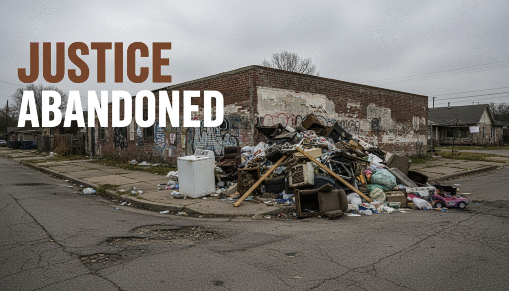 A photojournalistic style image capturing a desolate street corner in a predominantly Black and Latino neighborhood in Houston. The foreground is dominated by large, overflowing piles of illegal dumping: rusted appliances, broken furniture, construction debris, and plastic waste, creating a chaotic and neglected landscape. The trash encroaches onto a cracked sidewalk and a rundown street. In the mid-ground, a faded, graffiti-marked brick wall or the side of a worn-out residential building stands, its textures showing age and neglect. The sky is overcast and oppressive, casting a grim, diffused light that emphasizes the realistic textures of grime, rust, and decay, creating a somber, cinematic mood. No specific people are visible, but subtle signs of life like a distant clothesline or a child's broken toy half-buried in the refuse hint at the community's struggle and abandonment. The composition leaves a clear, uncluttered upper or side area suitable for text. Text overlay: Render "JUSTICE" in large, multi-line H2 'impact' font, ALL CAPS, in a deep Bronze color. Directly below it, render "ABANDONED" in large, multi-line H2 'impact' font, ALL CAPS, in White. Ensure the words visually "pop" with clear separation between lines and are placed entirely outside a 15% "safe zone" from all edges of the image. The text must be completely visible, balanced, and not obstruct the main subject of the illegal dumping scene.