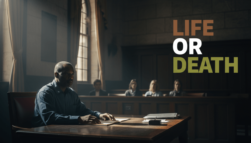 A photojournalistic style image of a solemn, dimly lit Mississippi courtroom. A solitary, middle-aged Black man, Terry Pitchford, with a quiet determination on his face, is seated at the defense table. A powerful, dramatic shaft of warm sunlight cuts through a high window, illuminating him and the worn, polished wood of the table, creating stark contrast with the deep, cool shadows elsewhere. Realistic textures are evident on the aged stone walls, heavy drapes, and legal documents. In the background, partially out of focus, the jury box stands, with several seats conspicuously empty and only a few white jurors subtly visible, conveying a systemic imbalance. The overall mood is tense and weighty, reflecting the struggle for equal justice.