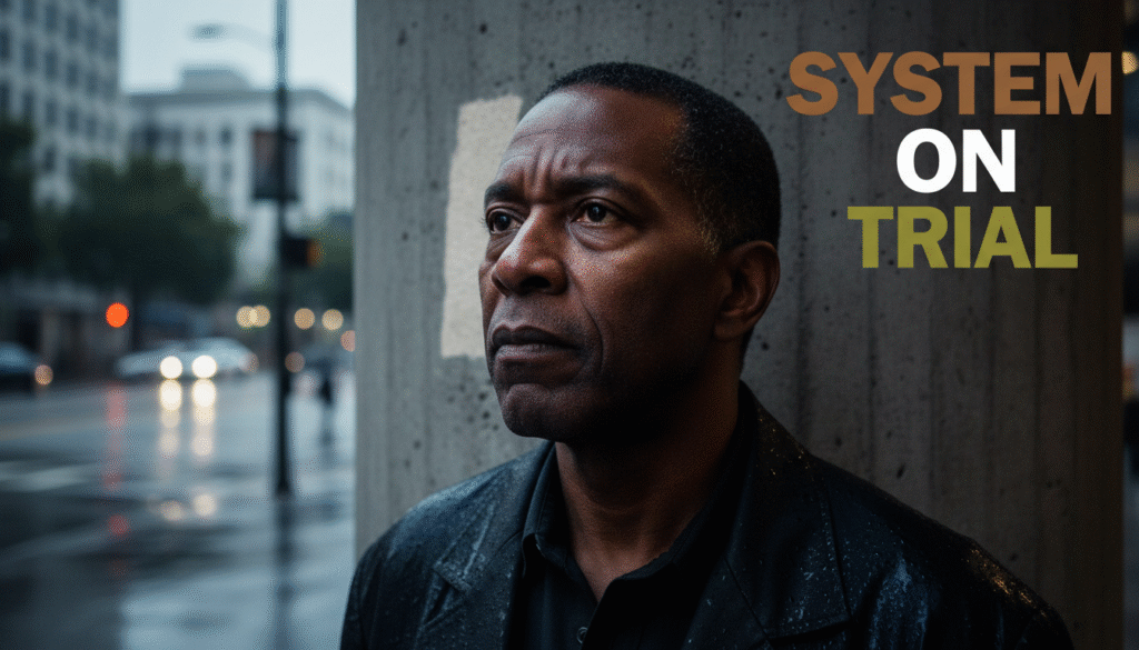 A photojournalistic style image of a thoughtful, resolute Black man in his late 50s, a subtle stand-in for Kevin Epps, captured in a close-up, low-angle shot. Dramatic, angular shadows from a towering, brutalist courthouse column fall across his face and body, symbolizing the immense weight of the legal system. His eyes, showing a mix of contemplation and quiet defiance, gaze slightly upward. The background is a softly blurred, rainy San Francisco street at dusk, with faint, glistening city lights reflecting on the wet pavement, adding to the somber mood. Cinematic lighting features a strong, high-angle key light creating deep contrasts and highlights on his face and the column's rough stone texture, complemented by a cool blue fill light from below. Realistic textures include the man's weathered skin, a rain-slicked dark jacket, and the gritty concrete of the architecture. TEXT OVERLAY: The phrase 'SYSTEM ON TRIAL' in a multi-line, H2 impact font, ALL CAPS, positioned in the upper-right corner of the image, ensuring it remains outside a 15% safe zone from the edges and does not obstruct the main subject. 'SYSTEM' in Bronze, 'ON' in White, 'TRIAL' in Olive. Each word should appear on its own line for visual separation and impact.