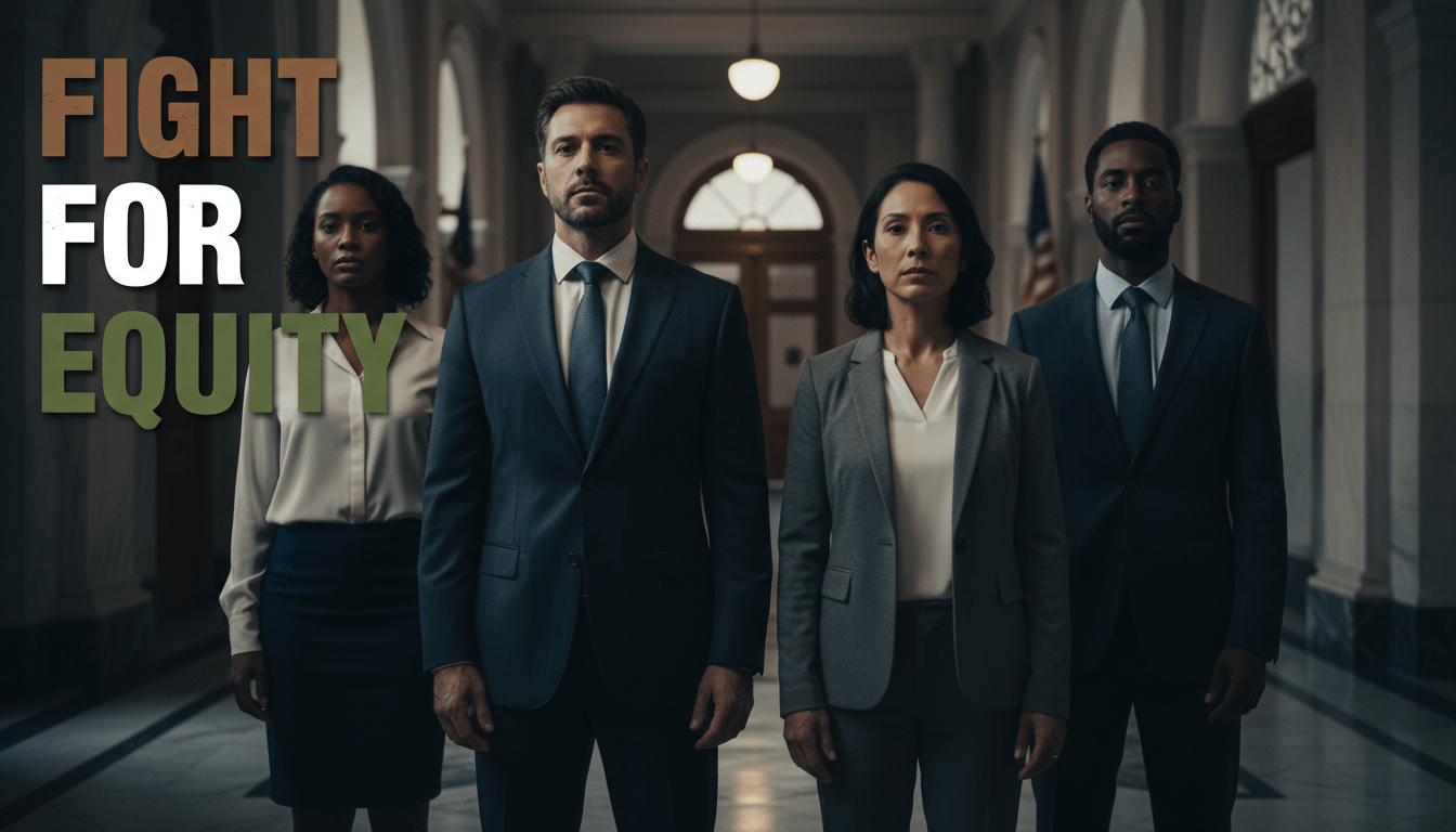 A photojournalistic style image of a diverse group of 3-5 determined federal employees – a mix of races, genders, and ages – standing united in a grand, subtly austere hallway of a government building. Cinematic lighting casts dramatic shadows and highlights across their resolute faces and the textured marble walls and professional attire, emphasizing resilience and the gravitas of their struggle. The scene should convey a sense of enduring justice. Render the text 'FIGHT FOR EQUITY' as a prominent, multi-line H2 'impact' font in ALL CAPS. Each word should be on its own line with clear vertical separation: 'FIGHT' in Bronze, 'FOR' in White, and 'EQUITY' in Olive. This text must be positioned in the top-left quadrant, entirely outside a 15% 'safe zone' from the frame's edges, ensuring it is fully visible, balanced, and does not obstruct the main subjects.