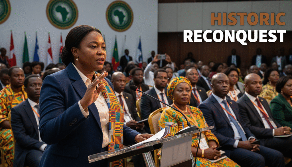 A photojournalistic style image capturing a pivotal moment at the 9th Pan-African Congress in Lomé, Togo. A dynamic, eye-level shot focuses on a charismatic African leader, a woman with a determined expression, standing at a modern podium. She gestures with conviction, dramatically illuminated by warm, cinematic key lighting that highlights her features and casts a subtle rim light, creating depth and a powerful presence. In the mid-ground, a diverse assembly of delegates—men and women of various ages and skin tones, dressed in a mix of vibrant traditional African attire and contemporary business wear—are intently engaged, their faces reflecting solidarity and purpose. The background reveals a sophisticated conference hall interior with minimalist architectural lines and blurred national or African Union emblems. Realistic textures are evident in the intricate patterns of traditional fabrics, the sheen on tailored suits, and the expressions etched on faces, conveying a sense of historical gravitas and future-oriented unity.