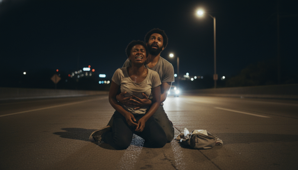 A photojournalistic style image, realistic, cinematic lighting. A young Black woman in the throes of active labor, visibly in pain and distress, kneels on the asphalt shoulder of a desolate highway under the dim glow of a streetlamp or passing car headlights. Her partner frantically tries to assist her, their faces etched with fear and desperation, highlighting the raw, life-or-death emergency unfolding outside a proper medical facility. The background recedes into the dark, indifferent urban night, emphasizing their isolation and vulnerability due to systemic medical negligence. The entire canvas is used, no borders. 