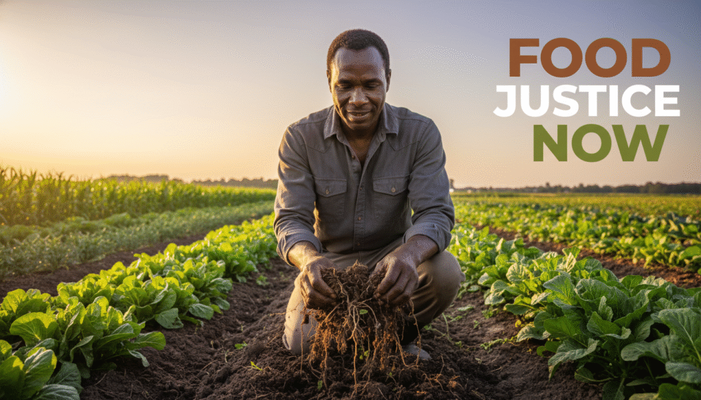 A photojournalistic style image captured during golden hour on a vast, vibrant regenerative farm in rural North Carolina. The scene focuses on Patrick Brown, a resilient Black farmer in his 40s, his face showing determination, as his calloused hands gently sift rich, dark soil teeming with life. Lush, healthy green crops stretch into the background under a clear sky, bathed in warm, cinematic light that creates soft shadows and emphasizes the realistic textures of the earth and the plants. The atmosphere is one of hope, hard work, and deep connection to the land, conveying the fight against systemic injustice through cultivation. Text overlay: The words "FOOD JUSTICE NOW" are prominently displayed in a multi-line, stacked format, using an impactful H2 font, all in ALL CAPS. "FOOD" is rendered in **Bronze**, "JUSTICE" in **White**, and "NOW" in **Olive**. This text block is positioned in the upper-right corner of the image, ensuring it remains outside a 15% 'safe zone' from all edges of the frame, fully visible, visually balanced, and without obstructing the main subject or essential visual information.
