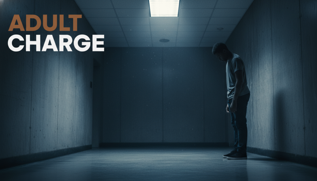 A photojournalistic style image of a solitary Black male teenager, approximately 15-17 years old, standing alone in a sterile, dimly lit corridor of a juvenile detention facility or courthouse. He is captured from a slightly low angle, emphasizing his youth and vulnerability against the backdrop of imposing concrete walls. His shoulders are subtly slumped, and his gaze is directed downwards or away, conveying a profound sense of resignation or the crushing weight he bears. Cinematic, cool-toned lighting, possibly from an overhead fluorescent fixture or high window, casts long, stark shadows, highlighting the rough textures of the concrete and the faint sheen of a polished floor. The atmosphere is one of profound isolation and systemic oppression.