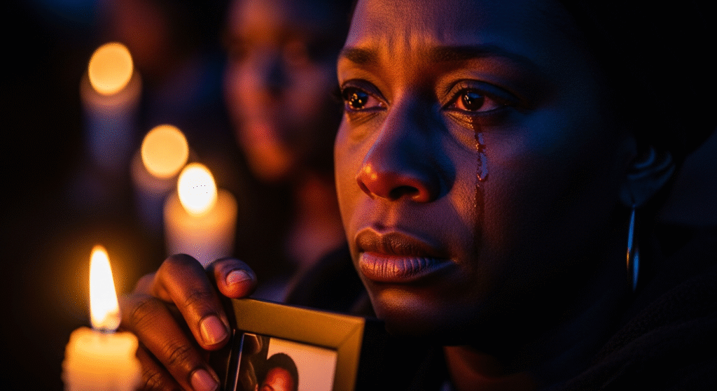 A photojournalistic style image capturing a grieving Black woman's face in a powerful close-up, her eyes expressing profound sorrow and defiant determination, with a single tear tracing her cheek, subtly illuminated by warm, soft candlelight. She gently holds a small, cherished framed photograph of Ta'Kiya Young. The background is a softly blurred, somber vigil with hints of other community members and candles, creating a deep sense of shared grief and solidarity. Dramatic chiaroscuro lighting emphasizes her emotional expression, contrasting dark, rich blues and purples in the shadows with vibrant oranges and yellows from the light source. Shot with a Canon 5D Mark IV and an 85mm f/1.4 lens, exhibiting subtle film grain and high luminosity contrast. Her face is composed according to the rule of thirds, utilizing the entire canvas. Bold white sans-serif text 'NO JUSTICE' is dramatically integrated into the foreground, slightly off-center, complementing the scene's urgent message without obscuring her features, making it immediately legible and impactful.