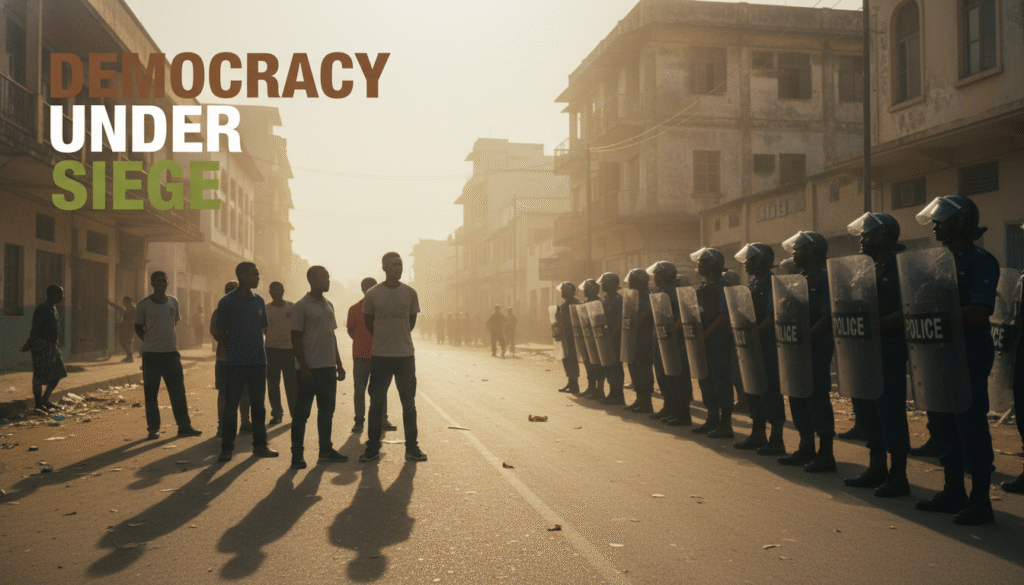 A photojournalistic style image of a wide, cinematic shot capturing a tense urban standoff in a dusty, sun-baked street of Dar es Salaam, Tanzania. The scene is lit by dramatic, low-angle cinematic golden hour light, creating long, stark shadows and emphasizing the realistic textures of worn asphalt and crumbling plaster on the colonial-era buildings lining the street. In the mid-ground, a small, defiant group of unarmed civilians, dressed in everyday clothes, stand motionless, their faces showing a blend of stoicism and underlying fear. Directly opposite them, further back, a formidable line of heavily armed riot police or soldiers stands ready, their dark uniforms, helmets, and shields forming an imposing, uniform barrier. Visible dust motes are suspended in the rich light, enhancing the grim atmosphere. There is ample clear space in the upper left of the frame, against the muted sky, for text overlay.