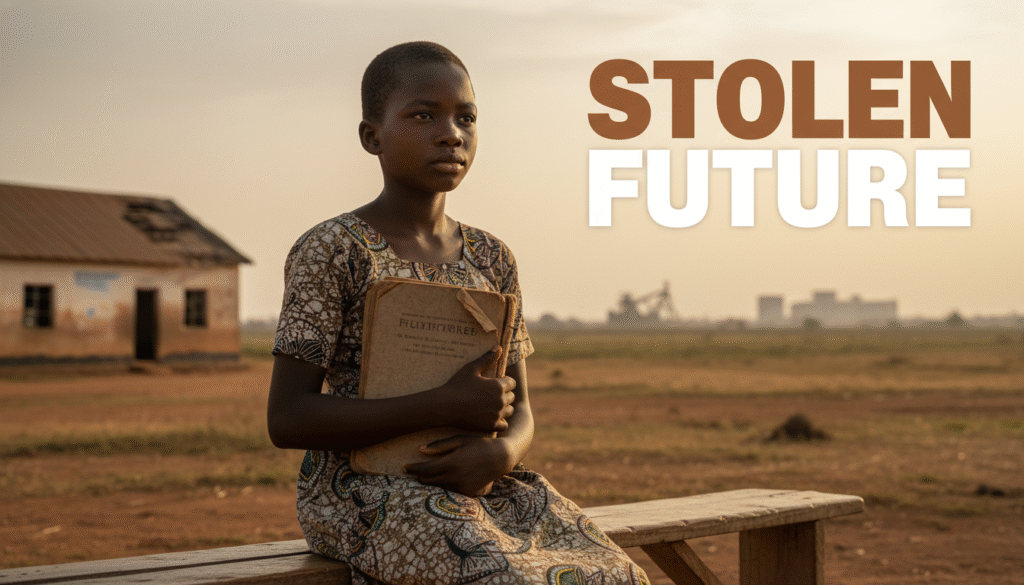 A photojournalistic style image capturing a poignant cinematic scene: a resilient young African girl, around 10-12 years old, with thoughtful, determined eyes, sits slightly off-center on a worn wooden bench. She clutches an old, well-used textbook, symbolizing education and a future. The backdrop is a rural African landscape, with a modest, slightly dilapidated schoolhouse to her side, hinting at underfunded public services. In the softly blurred distance, the subtle silhouettes of large industrial mining equipment or distant corporate structures are visible under a hazy, golden hour sky, signifying resource extraction. Cinematic lighting highlights the textures of her traditional garment and the rough wood, creating a mood of quiet struggle and deferred hope. The overall aesthetic is realistic and gritty. Text overlay: The phrase 'STOLEN FUTURE' must be rendered in a multi-line, bold H2 'impact' font, in ALL CAPS. The word 'STOLEN' should be in **Bronze** and the word 'FUTURE' in **White**. Ensure strong visual separation between the words. The entire text block must be placed outside a 15% "safe zone" from all edges of the frame, ensuring it is completely visible, balanced, and does not obstruct the main subject or crucial background elements.