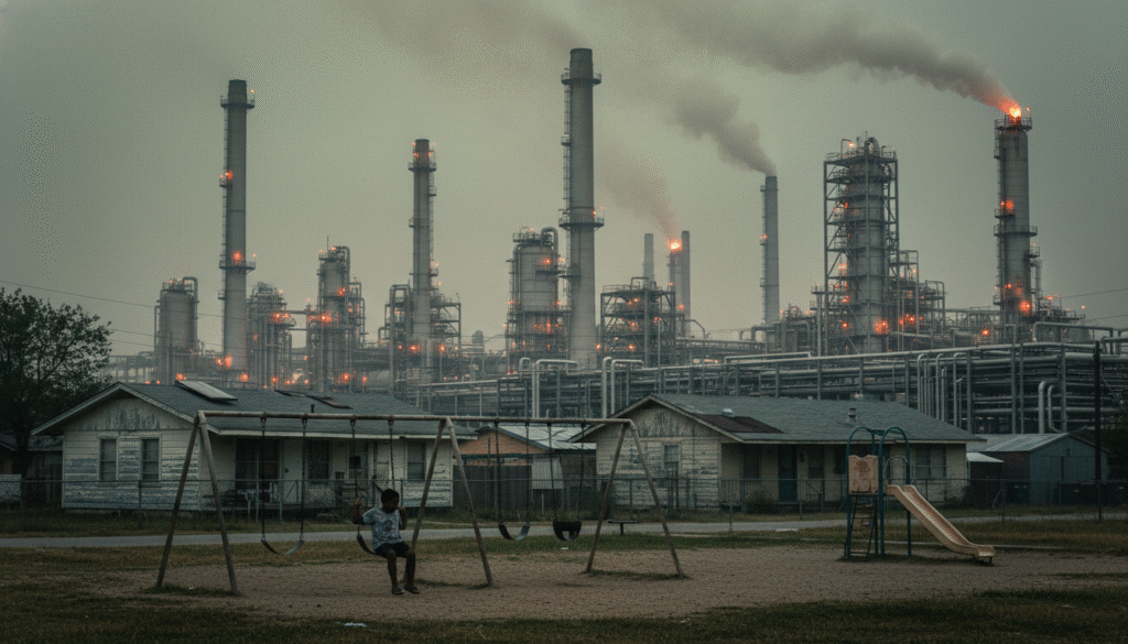 A photojournalistic style image of a low-income, predominantly Black and Brown residential 'fenceline' neighborhood in Texas, where modest homes and a small, worn playground are overshadowed by towering chemical plant smokestacks and vast industrial infrastructure. Heavy, hazy, yellowish-gray industrial smog hangs oppressively in the air, partially obscuring the distant plant, casting an unhealthy pall over the scene. In the immediate foreground, a young child, appearing small and vulnerable, plays quietly on an old swing set, a poignant symbol of innocence amidst the environmental burden. Cinematic lighting creates a stark, somber mood, with industrial lights glowing ominously against the polluted sky. The composition fills the entire canvas, emphasizing the encroaching industry on daily life.