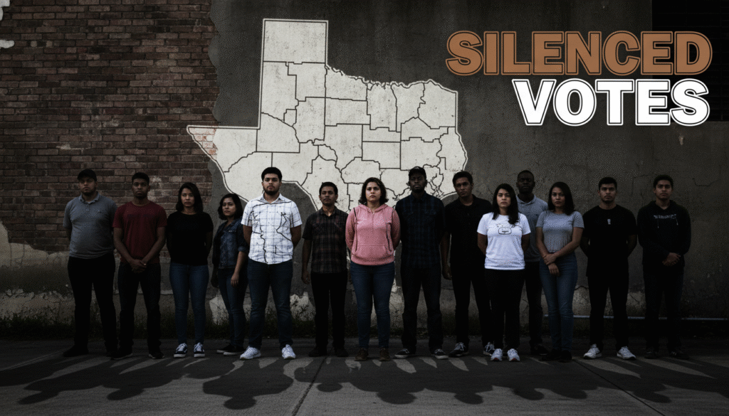 A photojournalistic style image, captured with cinematic lighting and realistic textures, depicts a poignant scene in a Texas city. A diverse group of people, primarily Black and Latino individuals, stand with determined yet weary expressions. They are positioned against a weathered public building or an aged wall where fragmented and unnaturally winding congressional district lines of a Texas map are subtly projected or etched, casting long, symbolic shadows over the ground. The lighting is dramatic, with sharp contrasts between light and shadow, emphasizing the textures of the urban environment and the gravity on their faces. The atmosphere conveys a sense of enduring struggle for fair representation.