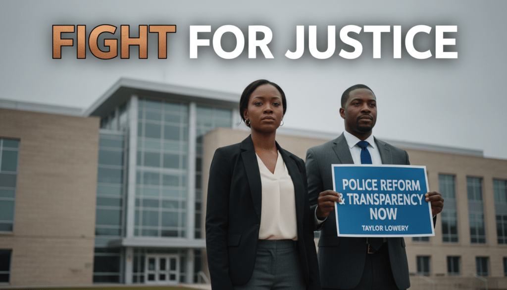 A high-resolution, realistic photograph of a solemn and determined African American woman, representing Taylor Lowery's family, standing outside a modern courthouse in Topeka, Kansas. Her face is in sharp focus, showing a resilient expression, looking directly into the camera. She wears contemporary, respectful clothing. Beside her stands a professional African American attorney, holding legal documents or a sign advocating for police reform and transparency. The background features the stately architecture of the courthouse, slightly blurred, under an overcast sky, emphasizing the gravity of the legal battle. The overall mood conveys a powerful demand for justice and accountability. TEXT OVERLAY: "FIGHT FOR JUSTICE" with "FIGHT" rendered in Metallic Bronze and "FOR JUSTICE" rendered in Bright White.