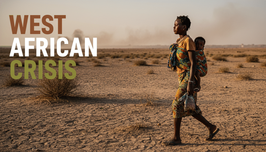 A photojournalistic style image of a solitary young West African woman, her face etched with weariness but also a quiet resolve, walking slowly from left to right across a vast, parched Sahelian landscape. She carries a small child on her back, securely wrapped in a vibrant but dusty cloth, and clutches a worn bundle in her hand. The ground is cracked earth and fine dust, with sparse, resilient scrub brush. In the far distance, faint plumes of smoke or dust hint at unseen turmoil. The lighting is cinematic, a low, golden-hour sun casting long, dramatic shadows and illuminating the scene with a warm but stark glow. Realistic textures emphasize the dryness of the air, the grit of the dust, and the worn fabric of her clothes, highlighting the harsh realities of displacement.