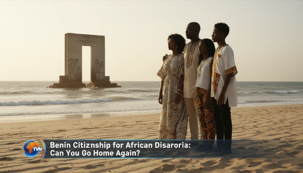 Editorial news broadcast style, wide cinematic shot of an African American family standing on the sandy shores of Ouidah, Benin, looking poignantly toward the "Door of No Return" monument during the golden hour. The scene is photorealistic, capturing a sense of heritage and reconciliation. At the bottom of the frame, a professional, high-contrast TV news lower-third banner is overlaid. The banner has a sleek, modern design with a dark translucent background and bold white text that reads exactly: "Benin Citizenship for African Diaspora: Can You Go Home Again?". 8k resolution, editorial photography, sharp focus.