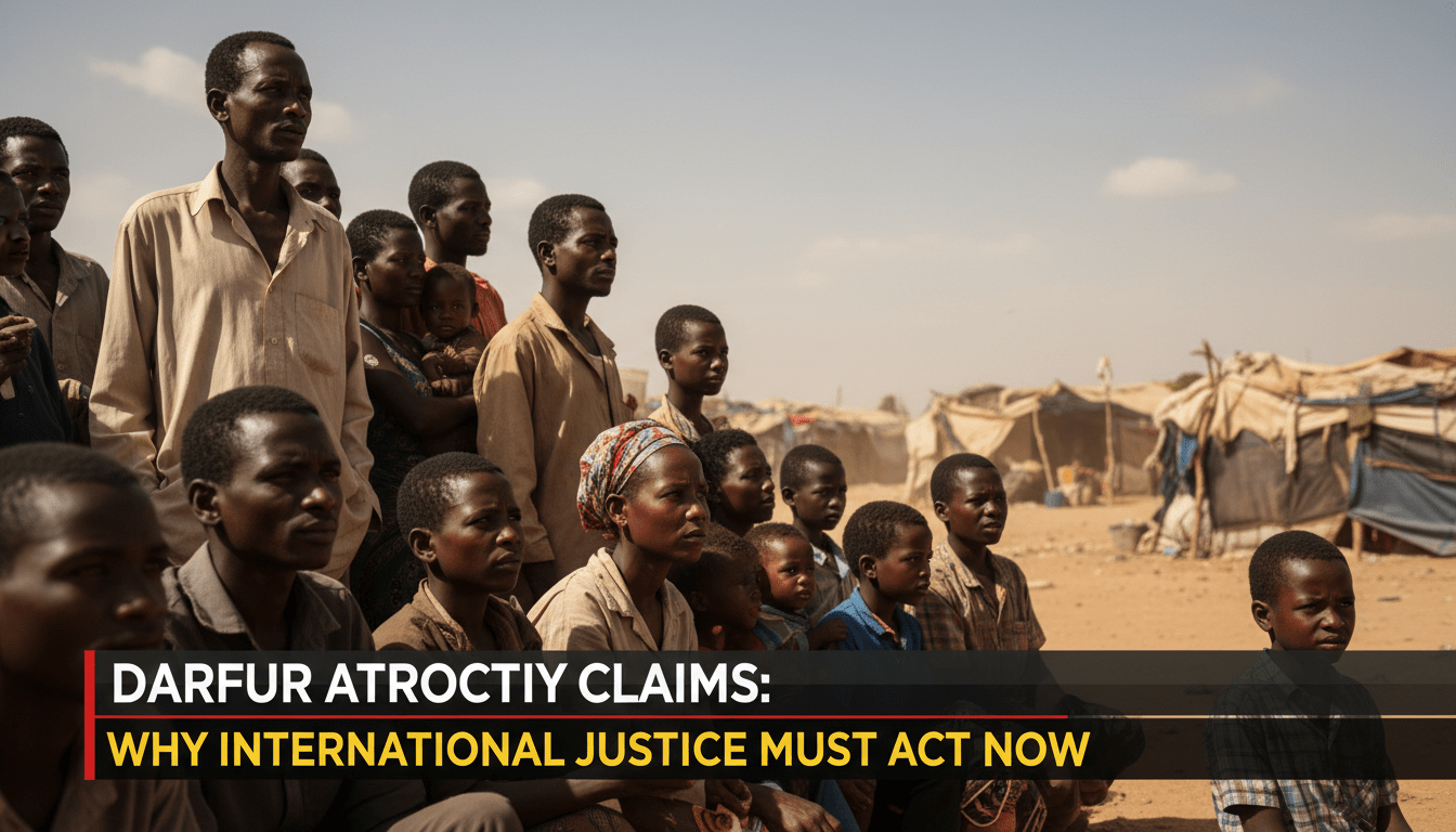 A cinematic, photorealistic editorial news photograph of a group of Sudanese civilians, reflecting the Fur and Masalit ethnic communities, standing in a sun-drenched, dusty camp for displaced persons. The scene is solemn and poignant, showing a diverse group of families looking toward the horizon with expressions of resilience and urgency. The background shows blurred silhouettes of makeshift shelters under a wide, clear sky. Overlaid at the bottom is a bold, professional TV news lower-third banner with a high-contrast design. The text on the banner reads exactly: "Darfur Atrocity Claims: Why International Justice Must Act Now". The image is composed like a high-end international news broadcast, with sharp focus and professional color grading.