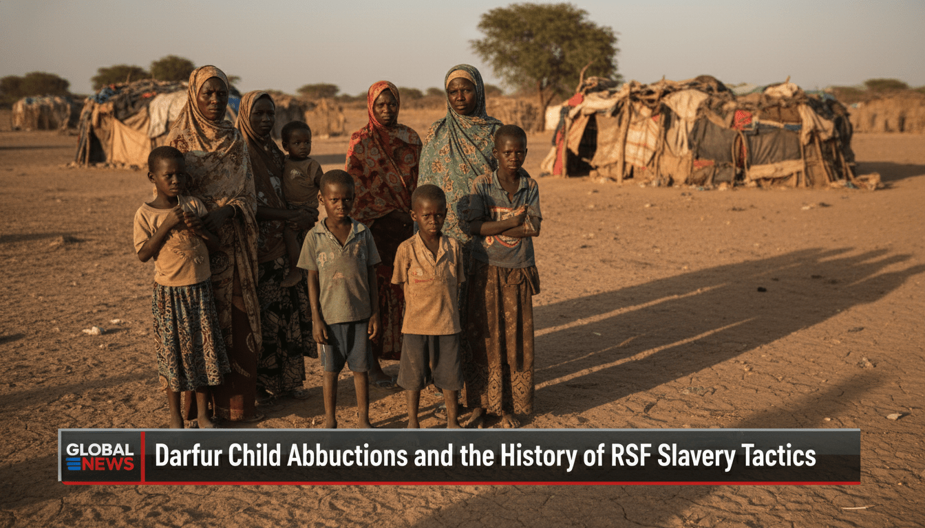 A cinematic, photorealistic news broadcast wide shot depicting a solemn group of Sudanese women and children standing in a dusty, sun-drenched rural landscape in Darfur. The atmosphere is poignant and serious, with long shadows cast across the arid ground and makeshift shelters visible in the background. The scene is captured in an editorial documentary style with high-detail textures and dramatic natural lighting. At the bottom of the frame, there is a professional, high-contrast TV news lower-third banner with bold, legible white text on a dark translucent background that reads exactly: "Darfur Child Abductions and the History of RSF Slavery Tactics".