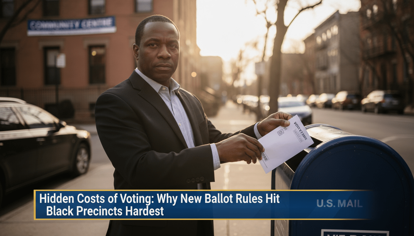 Cinematic, photorealistic editorial news shot. An African American man in his 40s with a serious and determined expression, standing on a sidewalk in an urban neighborhood. In the foreground, his hands are shown holding a mail-in ballot envelope near a blue public mailbox. The background shows a soft-focus view of a community center with a "Vote Here" sign. The lighting is dramatic, late-afternoon golden hour, creating a solemn and urgent mood. High-quality 8k resolution, professional news broadcast framing. At the bottom of the frame, there is a professional, bold TV-news style lower-third graphic banner with a high-contrast blue and gold color scheme. The text on the banner reads exactly: "Hidden Costs of Voting: Why New Ballot Rules Hit Black Precincts Hardest"