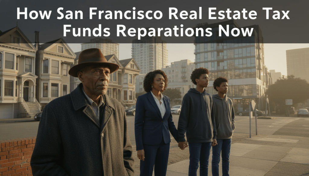 A high-resolution, cinematic photojournalist-style photograph of a multi-generational African American family standing on a sidewalk in San Francisco's Fillmore District. In the foreground, a dignified elderly Black man with deep skin tones and a weathered, thoughtful expression wears a classic wool overcoat and a felt fedora, representing the generation displaced by "urban renewal." Beside him stands his adult daughter in contemporary professional attire, looking toward a mix of historic Victorian row houses and modern high-end real estate developments. The lighting is the warm, golden glow of late afternoon, highlighting the textures of the city’s iconic architecture. Integrated into the scene as a bold, cinematic title overlay in clean, modern sans-serif typography is the text: "How San Francisco Real Estate Tax Funds Reparations Now".