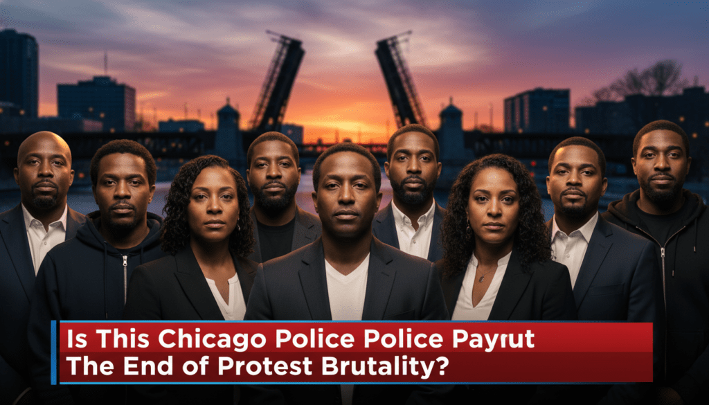 Cinematic, photorealistic editorial news shot of a diverse group of African American and Latino community leaders and activists standing together in a resilient and somber pose. The setting is a blurred urban Chicago landscape with the iconic silhouette of a raised bridge over the Chicago River in the background during a dramatic sunset. The composition is a professional medium-wide shot with a shallow depth of field, focusing on the expressive, dignified faces of the individuals. At the bottom of the frame, there is a crisp, bold, high-contrast TV news-style lower-third banner. The text on the banner reads exactly: "Is This Chicago Police Payout The End of Protest Brutality?". The overall aesthetic is that of a high-budget broadcast news segment, featuring professional lighting and 4k resolution.