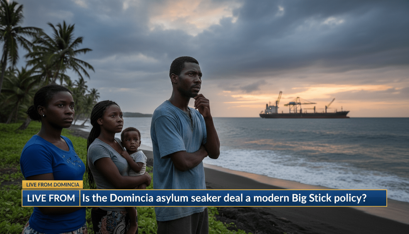 Cinematic, photorealistic news broadcast frame. The scene features a group of Caribbean people of African descent standing on a lush, tropical coastline in Dominica, looking out toward the ocean with expressions of concern and contemplation. In the background, the silhouette of a large, imposing ship looms on the horizon under a dramatic, clouded sky, symbolizing external international influence. The lighting is editorial and moody, capturing a sense of national reflection. At the bottom of the frame, there is a bold, high-contrast TV news lower-third banner with a professional blue and gold graphic interface. The white, legible text on the banner reads exactly: "Is the Dominica asylum seeker deal a modern Big Stick policy?" High-quality 8k resolution, editorial photography style.