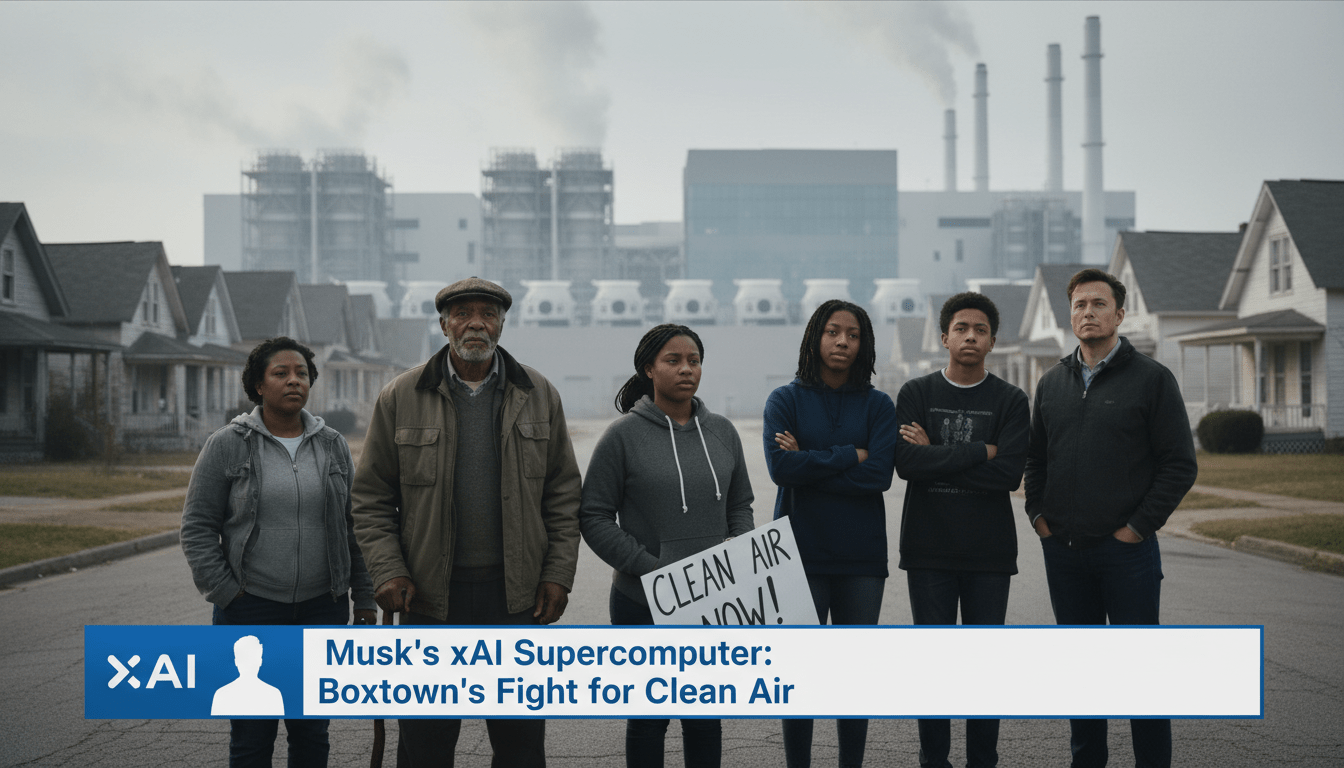 Cinematic editorial news photograph. In the foreground, a multi-generational group of concerned African American residents, including a resilient elderly man and a young woman, stand together in a historic neighborhood featuring modest wooden homes. In the hazy background, a massive, modern high-tech industrial facility with rows of gas turbines and large cooling structures emits faint plumes of exhaust into the sky. The scene is shot with a professional telephoto lens, creating a sense of scale between the community and the industrial complex. At the bottom of the frame, there is a bold, professional TV news lower-third banner in high-contrast blue and white. The text on the banner reads exactly: "Musk's xAI Supercomputer: Boxtown's Fight for Clean Air". Photorealistic, news broadcast style, 8k resolution, sharp focus on the subjects.