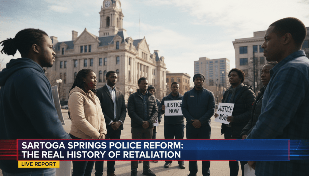 Cinematic editorial news photograph. A group of African American community members and activists stand in a peaceful, solemn assembly on a picturesque city street in front of a historic municipal city hall building. The atmosphere is serious and journalistic, reflecting a community seeking accountability. Professional news broadcast framing with a shallow depth of field. At the bottom of the frame, there is a bold, high-contrast TV news lower-third graphic banner. The text on the banner is large, clear, and reads exactly: "Saratoga Springs Police Reform: The Real History of Retaliation". Photorealistic, 8k resolution, high-quality broadcast graphics.