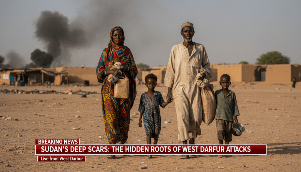 A high-resolution photojournalistic image of a displaced Black Sudanese Masalit family walking across the arid, dusty landscape of West Darfur. The subjects, including a mother in a colorful but faded traditional Sudanese tobe and a father in a worn white jalabiya, have dark skin tones and expressions of weary resilience. They are carrying a few salvaged belongings as they flee toward the horizon. In the blurred background, the smoke rises from the charred remains of a village market and mud-brick homes typical of the Dar Masalit region. The lighting is the harsh, golden-hour sun of the Sahel, highlighting the fine dust in the air. At the bottom of the frame, there is a professional, sleek TV news banner overlay with a bold red and white breaking news aesthetic. The banner features the exact text in a legible, sans-serif font: "Sudan’s Deep Scars: The Hidden Roots of West Darfur Attacks".
