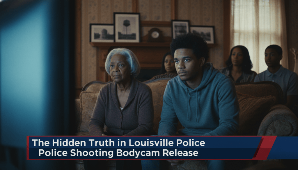 Cinematic, photorealistic editorial news photograph of a multi-generational African American family gathered in a living room in the Russell neighborhood of Louisville. The scene is lit with a somber, serious tone. An elderly woman and a young man in his 20s are looking intently at a glowing television screen with expressions of concern and skepticism. In the background, framed photos of historical local landmarks are visible on the wall. The image is framed as a high-definition television broadcast. At the bottom of the frame, there is a professional, high-contrast TV news lower-third banner with a dark blue and red color scheme. The banner features bold, white, legible sans-serif text that reads exactly: "The Hidden Truth in Louisville Police Shooting Bodycam Release". 8k resolution, sharp focus, shallow depth of field, authentic news broadcast aesthetic.