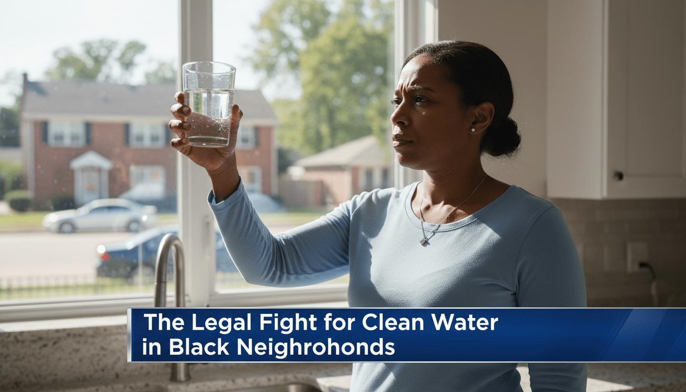 Cinematic, photorealistic editorial illustration for a TV news feature. An African American woman stands in a kitchen, holding a clear glass of water up to the light with a serious and contemplative expression. The background shows a soft-focus residential neighborhood through a window, representing a community setting. The lighting is high-quality and natural, emphasizing the clarity of the water and the dignity of the subject. The composition follows professional news broadcast framing with a shallow depth of field. At the bottom of the image, there is a bold, high-contrast TV news lower-third banner in deep blue and silver. The banner features crisp, legible white text that reads exactly: "The Legal Fight for Clean Water in Black Neighborhoods".