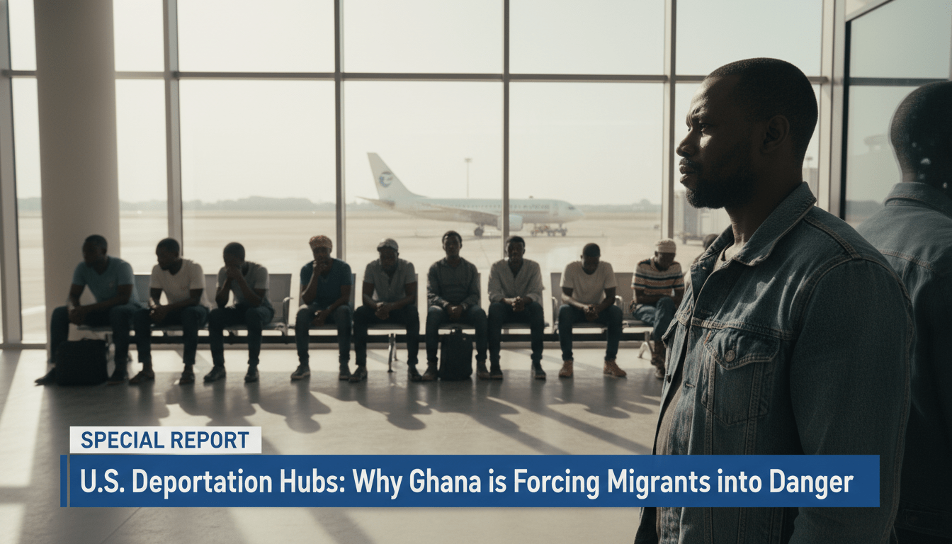 A cinematic, photorealistic editorial-style photograph of a somber scene inside a West African transit hub. A group of West African men and women are seated on metal benches in a sterile airport terminal, their expressions reflecting deep concern and exhaustion. In the foreground, a man in his late 40s of West African descent stares out a large glass window at a commercial airplane on the tarmac, his face partially reflected in the glass. The lighting is dramatic, using natural afternoon light to create long, poignant shadows. The image features a professional TV news lower-third banner at the bottom, designed with a high-contrast blue and white graphic interface. The text on the banner reads exactly: "U.S. Deportation Hubs: Why Ghana is Forcing Migrants into Danger". The text is bold, crisp, and highly legible, styled for a premium news broadcast.