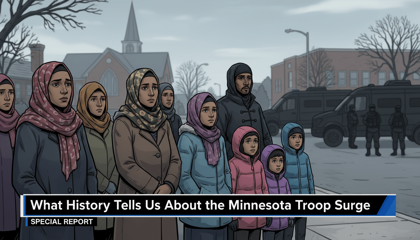 A cinematic, editorial news-style illustration set on a street in the Twin Cities during a cold, overcast day. In the foreground, a diverse group of community members, including Somali-American women in hijabs and Latino families, stand together with somber and resilient expressions, looking toward the horizon. The background features the blurred architecture of a neighborhood church and a local school. Parked along the street are generic, dark federal transport vehicles and the distant, soft-focus silhouettes of security personnel in tactical gear, conveying a heavy presence without depicting weapons or active conflict. The atmosphere is thick with tension and solemnity. At the bottom of the frame is a professional, high-contrast TV news lower-third banner with bold, legible text that reads: "What History Tells Us About the Minnesota Troop Surge".
