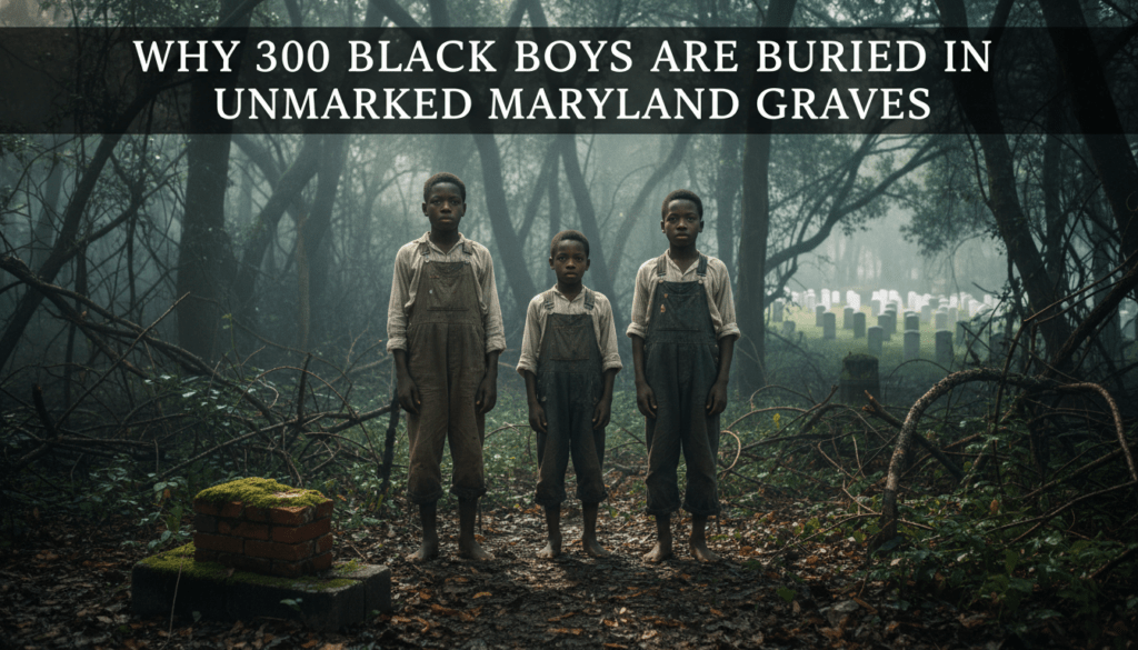 A haunting, high-resolution photojournalistic shot of a dense, overgrown wooded area in Prince George's County, Maryland. In the foreground, a moss-covered cinder block and a simple, weathered red brick are partially buried in the damp earth and leaf litter, serving as forgotten grave markers. In the center of the frame, three young African American boys, aged 8 to 12, are depicted in period-accurate 19th-century attire—worn canvas overalls, tattered cotton shirts, and bare feet—standing somberly among the tangled vines and thorns. Their expressions are haunting and soulful, reflecting a history of forced labor. Through the dark, thick trees in the distance, there is a sharp contrast where a perfectly manicured cemetery with neat rows of white marble headstones is visible. The lighting is moody and cinematic, with dappled sunlight breaking through a heavy forest canopy and mist. Centered in a bold, cinematic serif font, the text overlay reads: "Why 300 Black Boys Are Buried in Unmarked Maryland Graves".