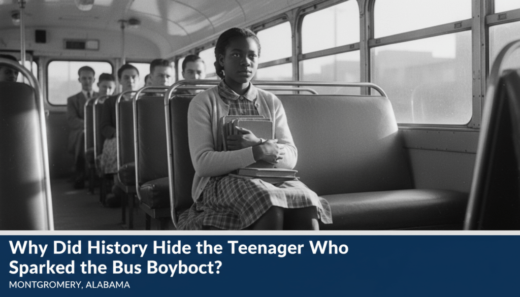 A cinematic, photorealistic editorial image of a 15-year-old African American teenage girl in 1955, sitting resolutely and with dignity in a vintage city bus seat. She is dressed in mid-century student attire, clutching school books to her chest, with an expression of quiet courage. The lighting is dramatic and somber, with sunlight streaming through the bus windows to create a high-quality news broadcast aesthetic. At the bottom of the frame, there is a bold, professional TV-news style lower-third banner. The banner is high-contrast with legible white text that reads exactly: "Why Did History Hide the Teenager Who Sparked the Bus Boycott?"