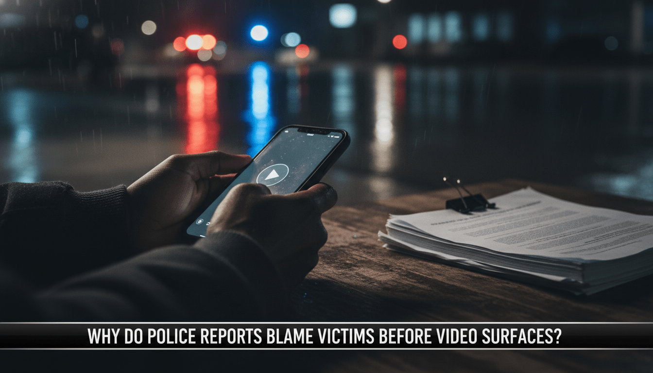 Cinematic, photorealistic editorial news shot. In a dimly lit urban setting, a close-up focuses on the hands of an African American person holding a glowing smartphone displaying a video playback interface with a play button. In the blurred background, the soft, out-of-focus glow of red and blue emergency lights reflects off a damp street, creating a solemn atmosphere without depicting any violence or weapons. On a table next to the phone lies a stack of official-looking paper documents. The lighting is dramatic and investigative. At the bottom of the image, there is a professional, bold TV news lower-third banner with high-contrast text that reads: "Why Do Police Reports Blame Victims Before Video Surfaces?"