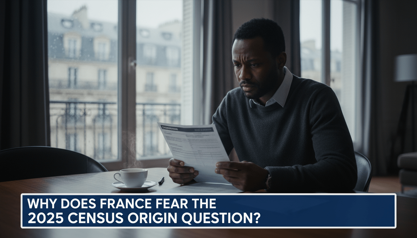 A cinematic, photorealistic editorial news illustration of an African-French man in his 30s sitting at a table in a modern Parisian apartment, looking at a government census form with an expression of deep hesitation and concern. In the background, Haussmann-style architecture is visible through a soft-focus window. The lighting is somber and dramatic. At the bottom of the frame, there is a bold, professional TV-news style lower-third banner in high-contrast navy blue and white. The banner features large, legible white text that reads exactly: "Why Does France Fear the 2025 Census Origin Question?"