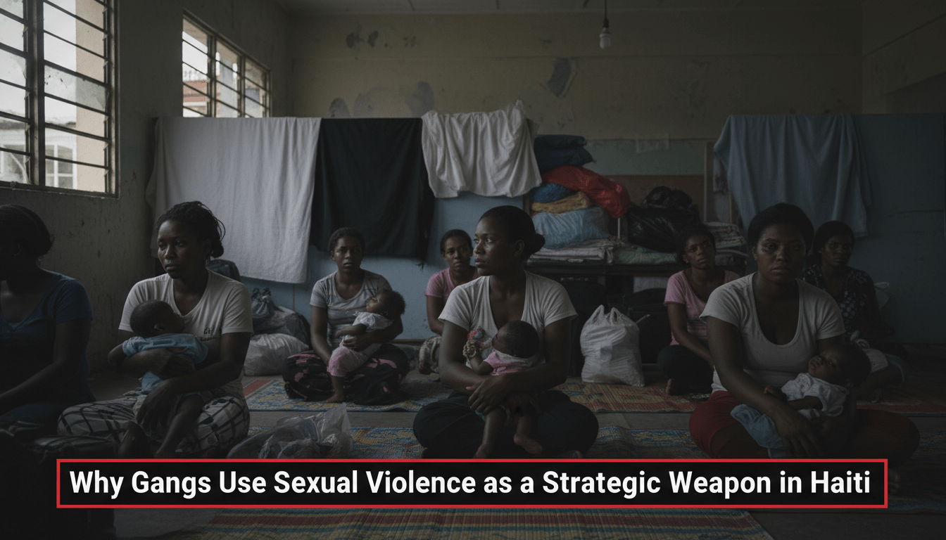 A cinematic, photorealistic editorial news shot of a group of Haitian women and families sitting in a somber, dimly lit makeshift displacement center in Port-au-Prince. The scene is framed as a professional news broadcast, with the subjects appearing weary and resilient amidst a humanitarian crisis. The background shows the interior of a converted school or church with stacks of belongings and thin sleeping mats, conveying a sense of displacement. The lighting is natural and moody, highlighting the gravity of the situation. At the bottom of the frame, there is a bold, high-contrast TV news lower-third banner with a professional graphic design. The text on the banner reads exactly: "Why Gangs Use Sexual Violence as a Strategic Weapon in Haiti".