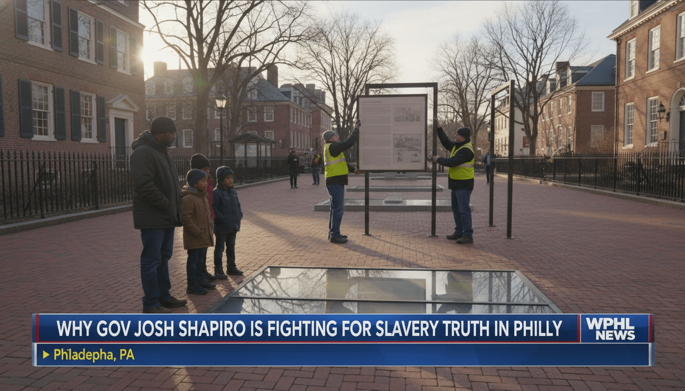 A cinematic, photorealistic news broadcast-style image of the President’s House memorial site in Philadelphia. The scene features a diverse group of visitors, including an African American family, standing solemnly near the archaeological ruins of the slave quarters. In the background, generic park workers are seen moving a large historical information panel away from its stand, leaving an empty metal frame. The setting includes iconic red brick sidewalks and colonial-style architecture under a crisp, early morning winter light. At the bottom of the frame is a professional, bold TV news lower-third banner with high-contrast text that reads exactly: "Why Gov Josh Shapiro Is Fighting for Slavery Truth in Philly".