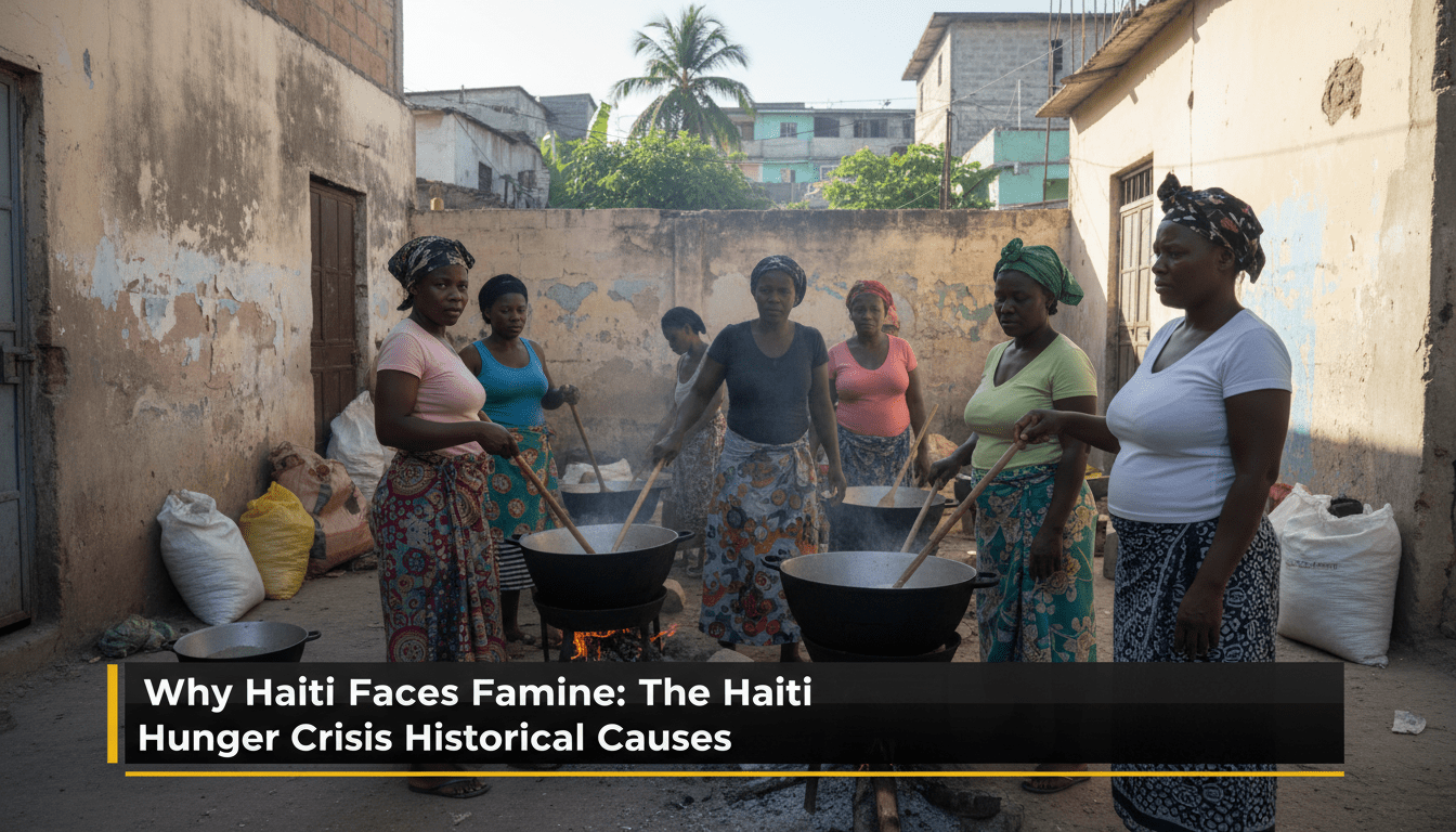 A cinematic, photorealistic editorial scene of a community outdoor kitchen in a Haitian neighborhood. A group of Haitian women of African descent are seen with solemn but determined expressions, stirring large communal pots of food. The setting is an urban courtyard with weathered textures and bright, natural daylight. The image is framed as a professional news broadcast still. At the bottom of the frame, there is a bold, high-contrast TV-news style lower-third banner with clear, legible text that reads exactly: "Why Haiti Faces Famine: The Haiti Hunger Crisis Historical Causes". The aesthetic is high-quality photojournalism, capturing a mood of resilience and urgency.