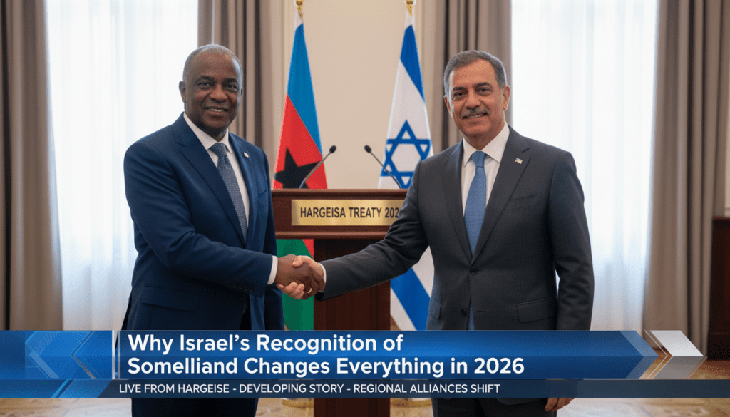 A cinematic, photorealistic news broadcast frame capturing a historic diplomatic scene in Hargeisa. The shot features a high-ranking East African official and a Middle Eastern diplomat in professional suits standing together in a formal, sun-lit governmental hall. In the background, the flags of Somaliland and Israel are positioned side-by-side behind a polished wooden podium. The lighting is soft and professional, mimicking editorial news photography. The bottom of the frame features a bold, high-contrast TV news lower-third banner with a sleek blue and silver professional graphic interface. The text on the banner is large, bold, and reads exactly: "Why Israel’s Recognition of Somaliland Changes Everything in 2026".
