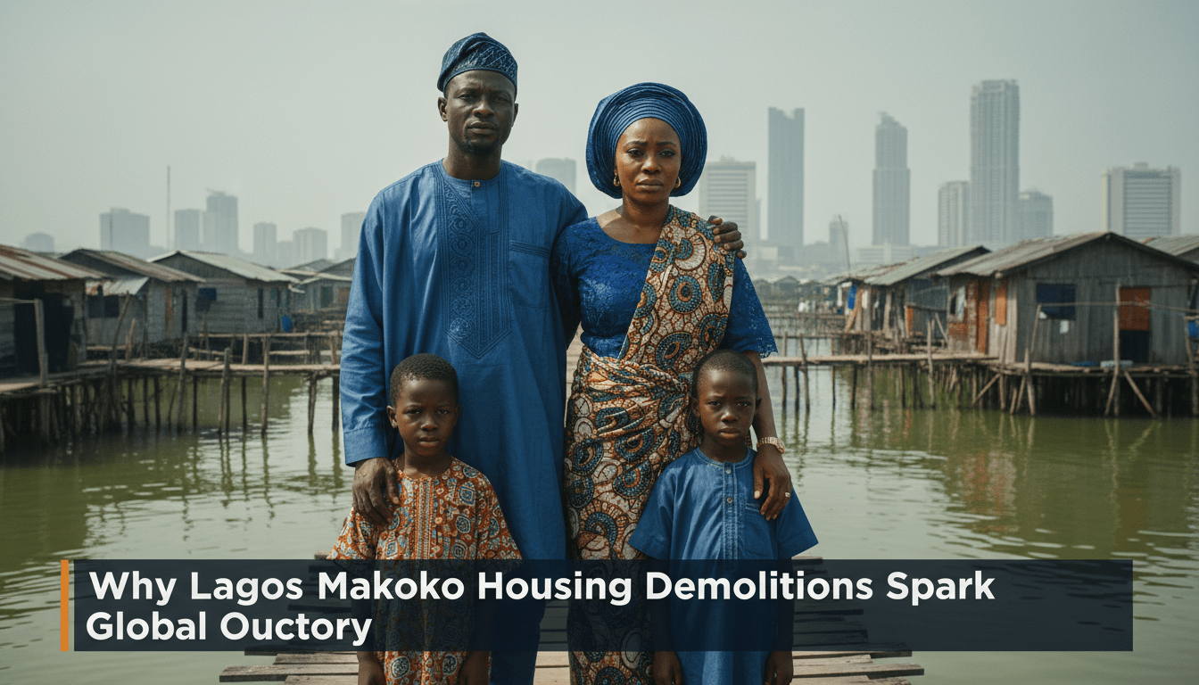 Cinematic photorealistic news broadcast frame. An African family, including a mother and father in traditional Nigerian attire, stands somberly on a wooden walkway in the Makoko community of Lagos. In the background, traditional houses on stilts sit over the lagoon water under a hazy morning sky, with the modern Lagos city skyline visible in the far distance to show the contrast of urban development. The lighting is editorial and high-contrast, capturing a mood of resilience and solemnity. At the bottom of the frame, a bold, professional TV-news style lower-third banner features high-contrast white text on a dark translucent background that reads exactly: "Why Lagos Makoko Housing Demolitions Spark Global Outcry"