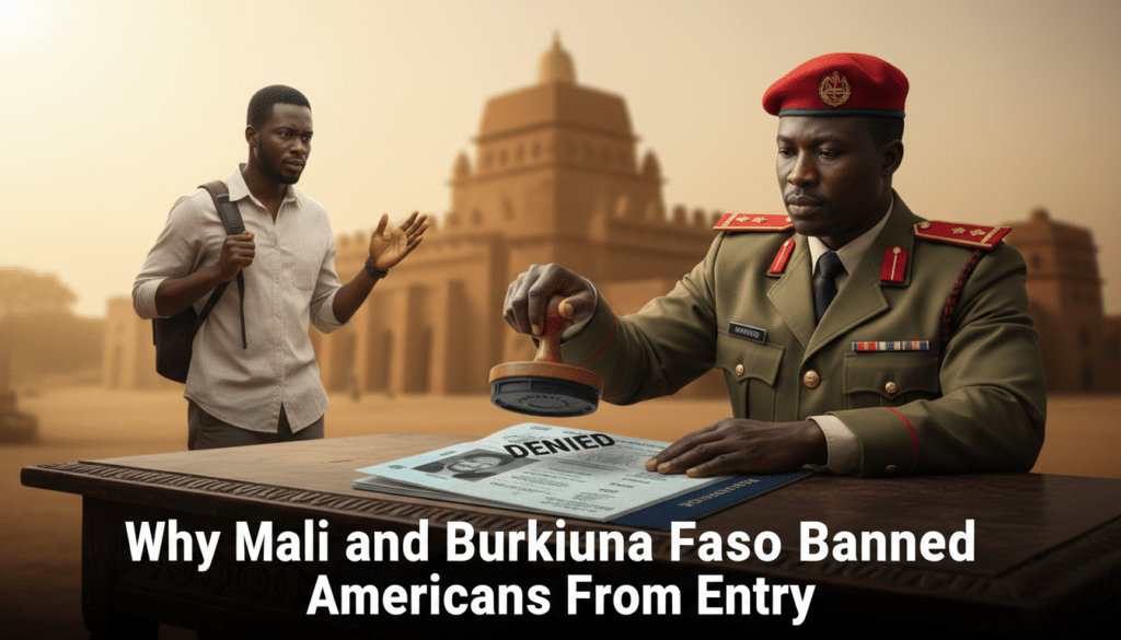 A high-resolution, cinematic photojournalistic shot capturing the diplomatic tension in West Africa. In the foreground, a Black West African immigration official in a crisp, olive-drab military uniform with a red beret stands behind a dark wood desk in Bamako, Mali. He is firmly pressing a "DENIED" stamp onto a blue United States passport. The background features the blurred architectural silhouette of the Great Mosque of Djenné under a hazy, golden Sahelian sun. In the mid-ground, a frustrated African American man in modern travel attire, seeking to trace his heritage, looks on. The lighting is sharp and dramatic, highlighting the rich skin tones and the dusty atmosphere of the region. Integrated into the center-bottom of the frame is bold, cinematic, white sans-serif text that reads: "Why Mali and Burkina Faso Banned Americans From Entry".