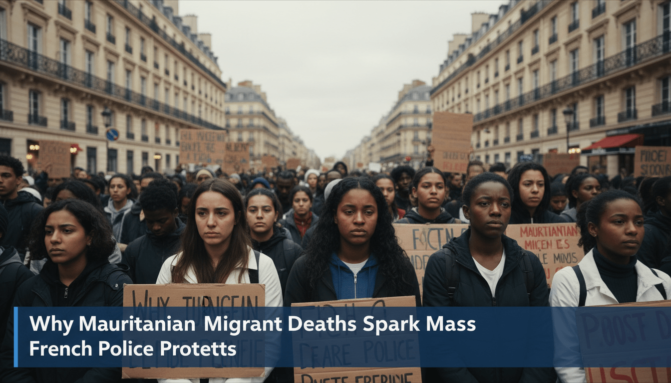 Cinematic news broadcast framing of a solemn and peaceful protest on a Parisian boulevard. In the foreground, a diverse group of individuals, including men and women of Mauritanian and West African descent, are shown with resolute and somber expressions. They are standing together in a crowded city street with classic Haussmann-style architecture in the background under a soft, overcast sky. The shot is composed as a high-quality editorial photograph with a shallow depth of field. At the bottom of the frame, there is a professional, high-contrast TV news lower-third banner in dark blue and white. The text on the banner reads exactly: "Why Mauritanian Migrant Deaths Spark Mass French Police Protests". The text is bold, crisp, and highly legible. 8k resolution, photorealistic, news agency style.