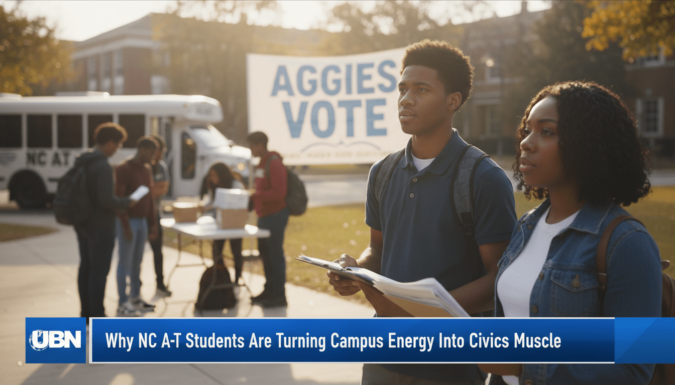 A cinematic, photorealistic news broadcast scene of a group of determined African American college students standing on a sunlit, modern university campus. In the mid-ground, students are seen organizing carpools and boarding a shuttle bus. In the foreground, a young man and woman are holding clipboards and informational flyers, looking focused and empowered. The lighting is bright and professional, captured with a shallow depth of field typical of a news camera. At the bottom of the frame, there is a sleek, bold TV news lower-third graphics banner in high-contrast blue and white. The text on the banner reads exactly: "Why NC A&T Students Are Turning Campus Energy Into Civics Muscle"