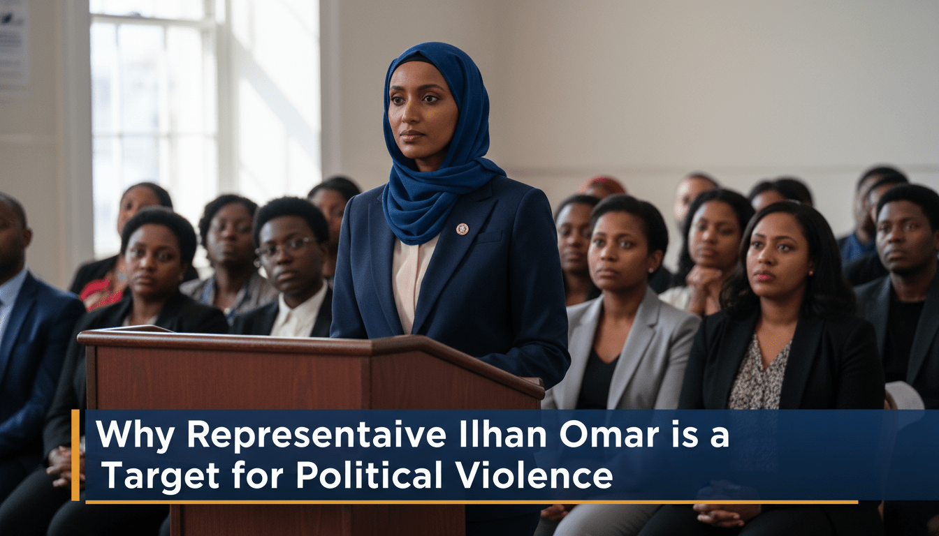 A cinematic, photorealistic news broadcast shot of a Somali-American female politician wearing a hijab and professional attire, standing at a wooden podium with a look of resilience and determination. The setting is a brightly lit community town hall in an urban neighborhood, with a diverse audience of African American and East African constituents listening intently in the blurred background. The framing is an editorial medium shot with professional studio lighting. At the bottom of the frame, there is a bold, high-contrast TV news lower-third banner with a dark blue and white color scheme. The text on the banner is large, legible, and reads exactly: "Why Representative Ilhan Omar is a Target for Political Violence".