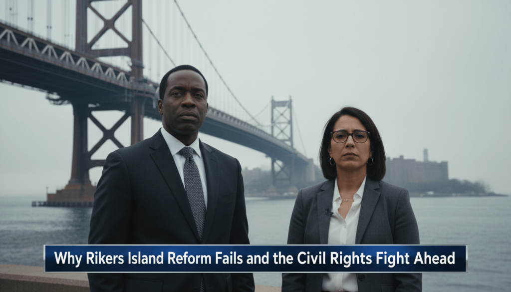 A cinematic, photorealistic editorial news shot of a serious African American community advocate and a Latina legal professional standing in a somber, high-stakes environment. In the background, a large, weathered industrial bridge leads toward a distant, hazy island facility under an overcast, moody sky. The lighting is dramatic and natural, reflecting a solemn and urgent atmosphere. At the bottom of the frame, a sharp, high-contrast TV-news style lower-third graphic features a bold navy blue and silver banner with professional white text that reads exactly: "Why Rikers Island Reform Fails and the Civil Rights Fight Ahead".