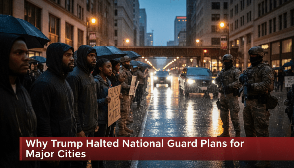 A hyper-realistic, high-resolution photojournalistic image capturing a tense nighttime standoff on a rain-slicked street in Chicago. In the foreground, a group of African American protesters, including a resolute Black man in a dark jacket and a young Black woman with a determined expression, stand firmly. They face a line of National Guard members dressed in OCP camouflage uniforms and federal agents in dark tactical gear standing beside unmarked dark SUVs. The background features the blurred architectural silhouettes of city buildings under the glow of amber streetlights. The composition is cinematic and wide-angled, evoking the gravity of the 2020 racial justice movement. Integrated into the scene as a bold, cinematic lower-third news chyron, the text reads: "Why Trump Halted National Guard Plans for Major Cities".