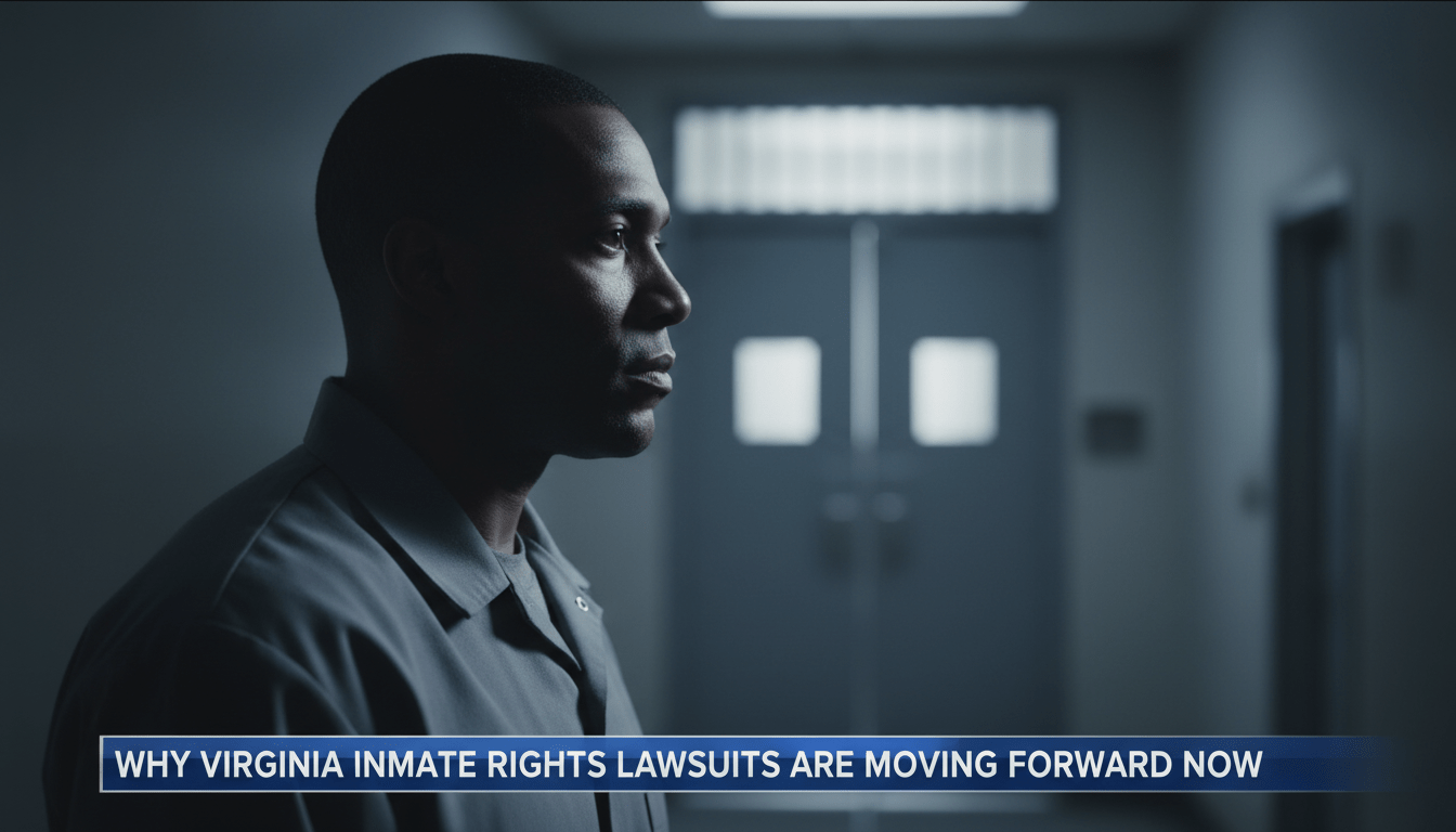 A cinematic, photorealistic news broadcast still. The scene features a serious African American man in his 40s wearing a plain, non-descript gray institutional uniform, seen in profile as he looks toward a bright light source in a somber, stark interior setting. In the background, the soft-focus silhouette of a heavy steel door suggests a prison environment without showing bars or violence. The lighting is dramatic and editorial, emphasizing a mood of solemnity and legal struggle. At the bottom of the frame is a professional, high-quality TV-news lower-third banner in bold blue and white, featuring the text in high-contrast, legible sans-serif font: "Why Virginia Inmate Rights Lawsuits Are Moving Forward Now".