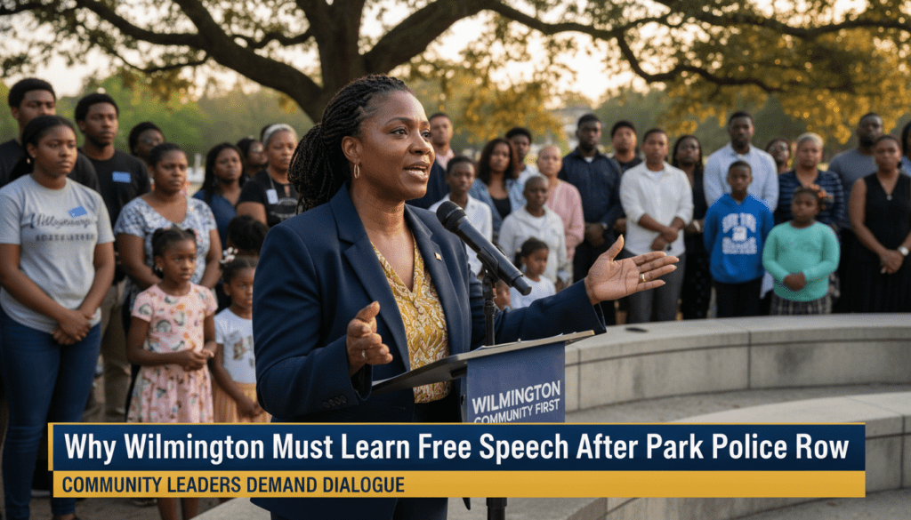 A cinematic, photorealistic editorial news photograph of a dignified African American community leader speaking passionately at a microphone during a peaceful outdoor gathering in an urban public park. In the background, a diverse group of African American residents are gathered near a modern amphitheater, reflecting a mood of solemn empowerment. The scene is captured in a professional news broadcast style with a shallow depth of field. At the bottom of the frame, there is a bold, high-contrast TV-news style lower-third banner in navy blue and gold. The banner features the exact text in crisp, bold white lettering: "Why Wilmington Must Learn Free Speech After Park Police Row".