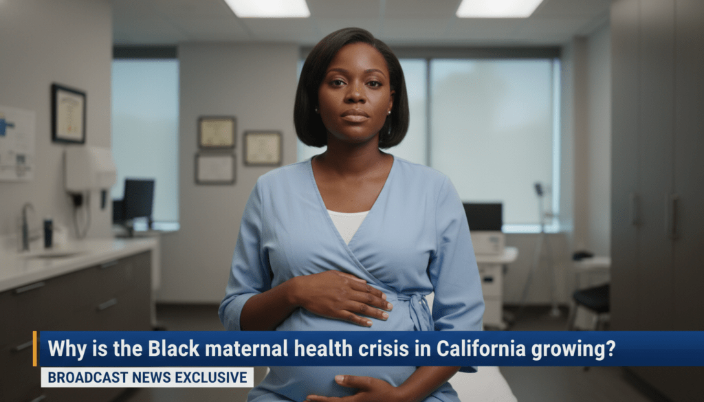 A cinematic, photorealistic editorial portrait of a pregnant African American woman in a modern healthcare setting, captured with a shallow depth of field. The woman has a serious, contemplative expression, reflecting the gravity of the topic. The background is a softly blurred medical office with clean, professional lighting. At the bottom of the frame, there is a bold, professional TV news lower-third graphic in high-contrast blue and white. The text on the banner reads exactly: "Why is the Black maternal health crisis in California growing?". The overall image is high-resolution, sharp, and styled as a broadcast news feature visual.