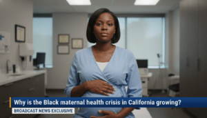 A cinematic, photorealistic editorial portrait of a pregnant African American woman in a modern healthcare setting, captured with a shallow depth of field. The woman has a serious, contemplative expression, reflecting the gravity of the topic. The background is a softly blurred medical office with clean, professional lighting. At the bottom of the frame, there is a bold, professional TV news lower-third graphic in high-contrast blue and white. The text on the banner reads exactly: "Why is the Black maternal health crisis in California growing?". The overall image is high-resolution, sharp, and styled as a broadcast news feature visual.